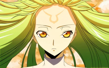 C.C. from Code Geass gazes intensely, her flowing green hair and striking orange eyes set against a vibrant background. This HD wallpaper captures the essence of the anime beautifully.