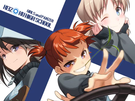 HD anime desktop wallpaper featuring three energetic Girls und Panzer characters from Ooarai High School in dynamic poses against a blue and white background.