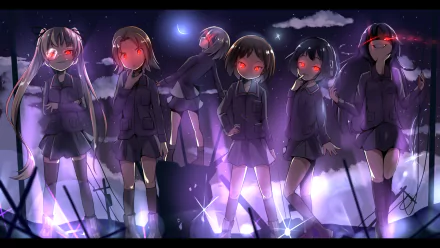 A vibrant HD anime wallpaper featuring characters Ayumi Yamagou, Yuuki Utsugi, Karina Sakaguchi, Aya Oono, and Saki Maruyama from Girls und Panzer, set against a mystical night backdrop.