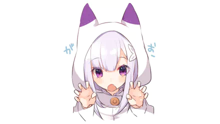 A cute character from *Re:Zero - Starting Life in Another World*, Emilia wears a hoodie with ears and playfully poses, set against a clean background, ideal for a HD PC desktop wallpaper.