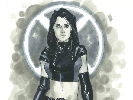 Comic-style portrait of X-23 in a black crop top and gauntlets with the X-Men emblem behind her — 2K Quad HD PC desktop wallpaper/background.