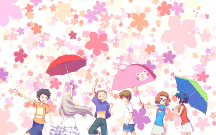 A vibrant anime scene featuring Jinta Yadomi, Chiriko Tsurumi, Atsumu Matsuyuki, Meiko Honma, Tetsudou Hisakawa, and Naruko Anjou, surrounded by colorful flowers and umbrellas.