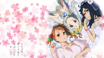 HD PC desktop wallpaper background of three Anohana anime girls lying among cherry blossoms and petals, soft pastels and delicate floral accents.