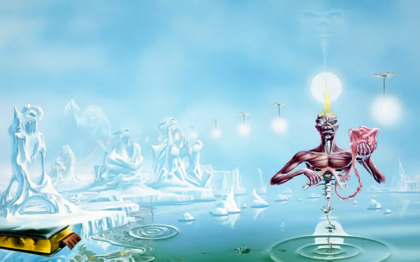 HD PC desktop wallpaper featuring surreal, reflective chess pieces inspired by Iron Maiden's Powerslave album artwork, blending music and haunting imagery.