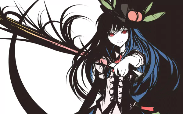 HD PC desktop wallpaper featuring Tenshi Hinanawi from the Touhou anime series, showcasing her dynamic pose and striking black and blue hair against a dark background.