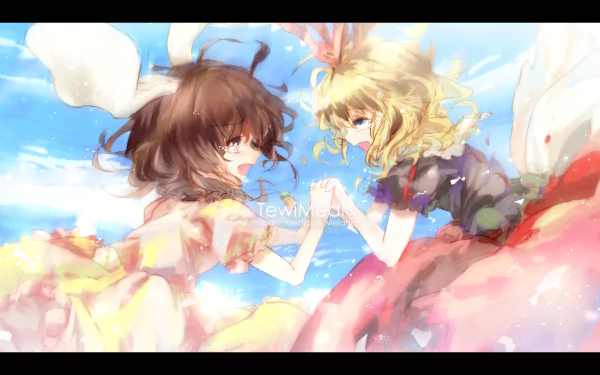 Tewi Inaba and Medicine Melancholy (Touhou) in anime-style 2K Quad HD PC desktop wallpaper: two girls hand-in-hand floating against a bright blue sky with clouds.