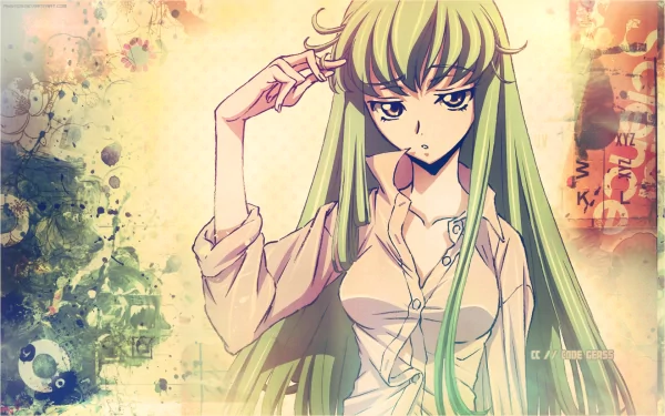 An HD desktop wallpaper featuring C.C. from Code Geass, showcasing her with striking green hair and a thoughtful expression against a colorful abstract background.