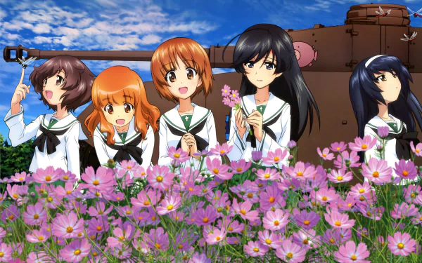 Anime-style Girls und Panzer scene featuring five girls in school uniforms among vibrant pink flowers with a tank in the background, rendered in 4K Ultra HD for PC desktop wallpaper.