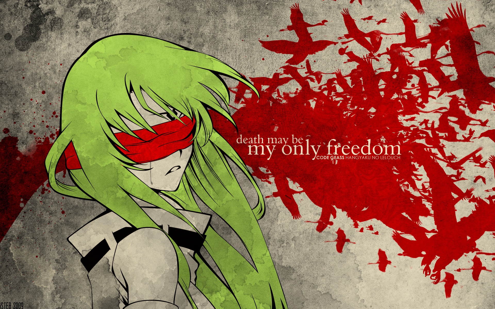Green-haired anime character with a sad expression: C.C. from Code Geass.