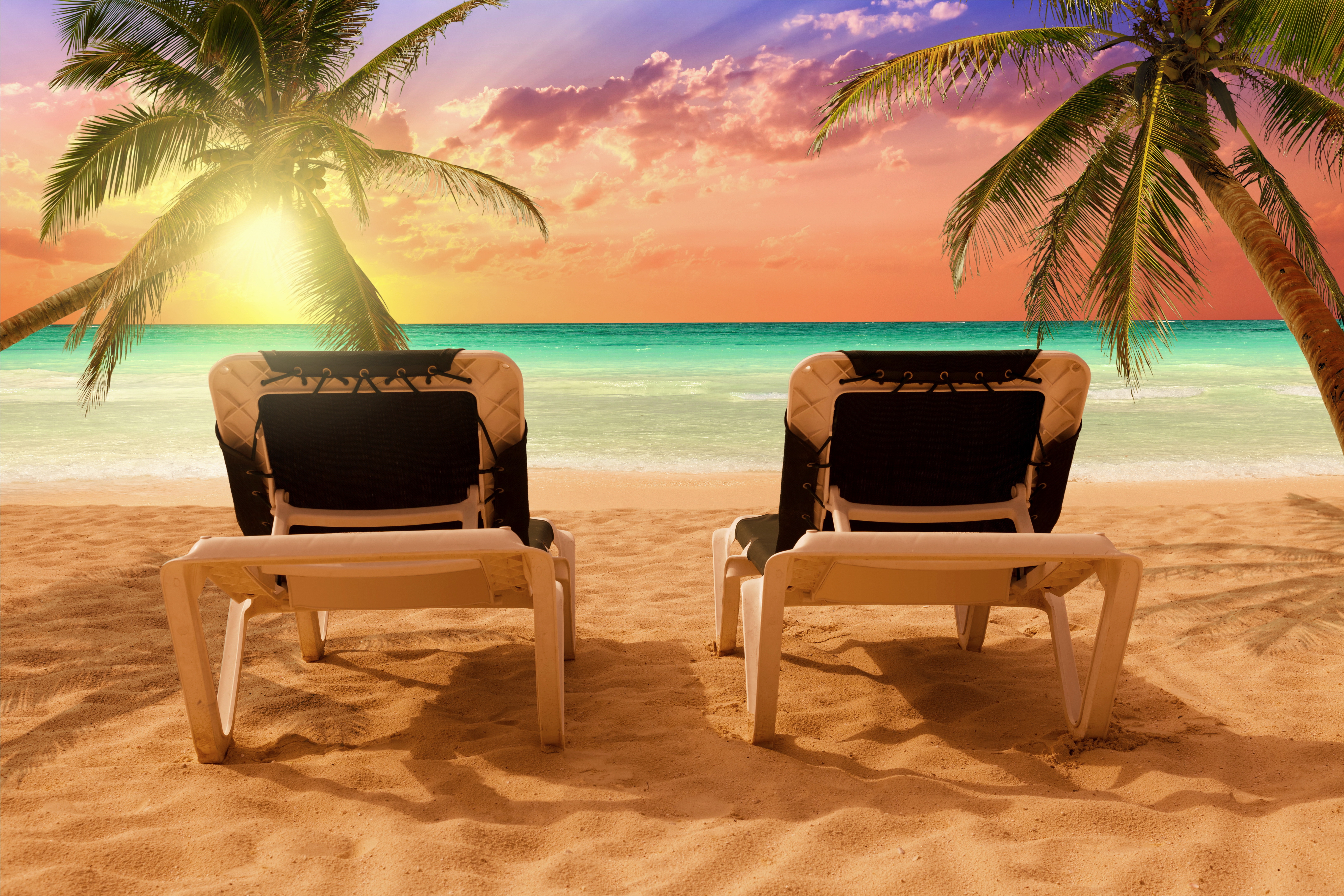 Beach Chairs on Tropical Beach 5k Retina Ultra HD