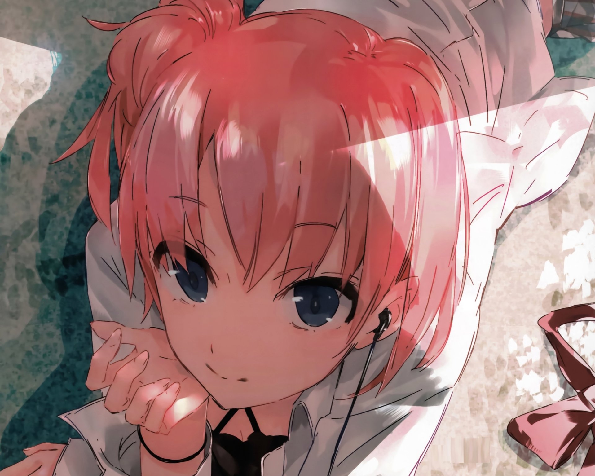 HD anime desktop wallpaper featuring a close-up of a character with pink hair from My Teen Romantic Comedy SNAFU, looking up with a gentle expression.