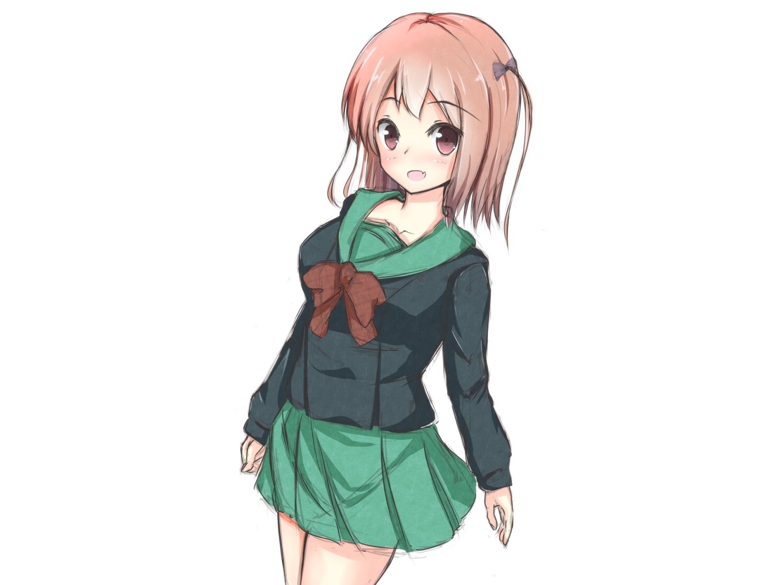 HD PC desktop wallpaper from the anime The Devil Is a Part-Timer!, depicting a pink-haired schoolgirl in a green skirt and navy jacket on a white background.
