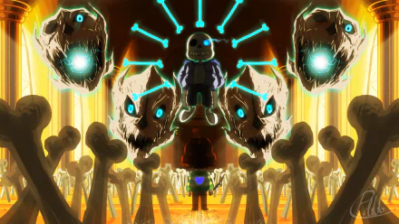 HD desktop wallpaper featuring characters Sans, Chara, and Frisk from the video game Undertale. The scene shows a dramatic confrontation with glowing effects and detailed character designs.