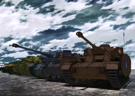 A lineup of detailed tanks from Girls und Panzer anime under a dramatic cloudy sky, rendered in 4K Ultra HD for a PC desktop wallpaper and background.