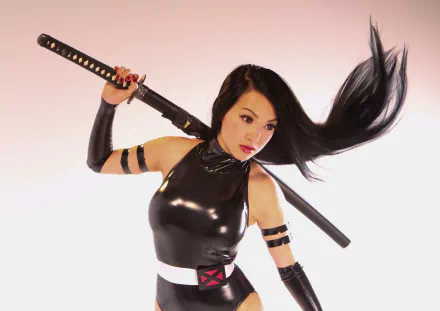 High-definition wallpaper featuring a woman in a striking Psylocke cosplay by Linda Le, wielding a katana with dynamic hair movement and a sleek, black outfit.