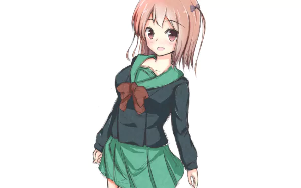 HD PC desktop wallpaper from the anime The Devil Is a Part-Timer!, depicting a pink-haired schoolgirl in a green skirt and navy jacket on a white background.