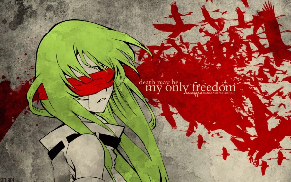 A sad anime depiction of C.C. from Code Geass, featuring her green hair and blindfolded gaze against a backdrop of red splatters, conveying a deep sense of melancholy.