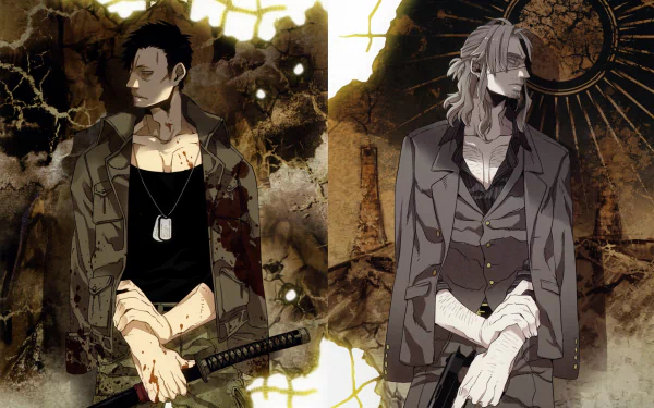 Anime-inspired HD desktop wallpaper featuring two characters in dark, gritty attire, set against a textured, cracked background that enhances the intense atmosphere.