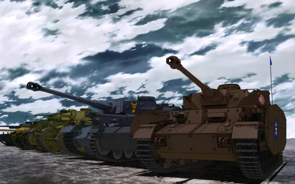 A lineup of detailed tanks from Girls und Panzer anime under a dramatic cloudy sky, rendered in 4K Ultra HD for a PC desktop wallpaper and background.