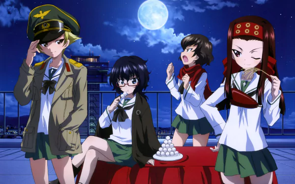 Anime-style Girls und Panzer characters enjoy a moonlit night with a plate of dango, captured in vibrant 4K Ultra HD for a dynamic PC desktop wallpaper.
