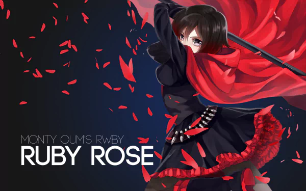 An HD desktop wallpaper featuring Ruby Rose from RWBY, depicted in a dynamic pose with her signature red cloak and weapon, surrounded by falling rose petals. Monty Oum's RWBY branding included.