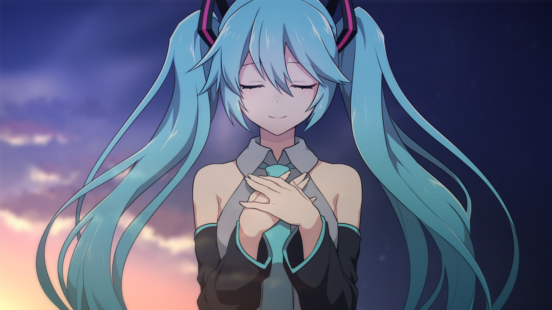 HD anime desktop wallpaper featuring Vocaloid character Hatsune Miku with closed eyes and long turquoise twin tails against a twilight sky background.