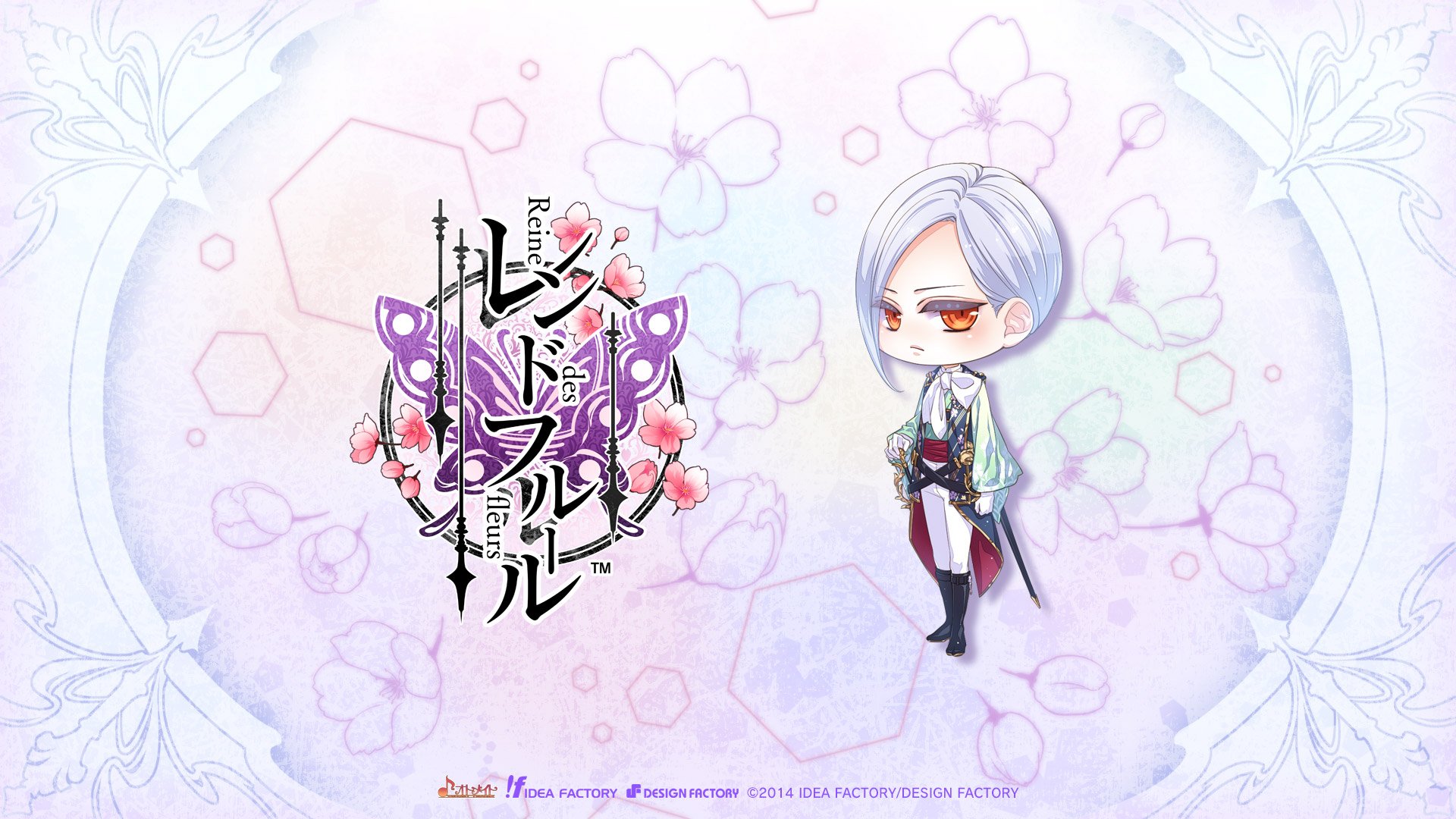 Anime Reine des Fleurs HD PC desktop wallpaper — chibi silver-haired character in a floral kimono beside an ornate butterfly-and-flower emblem on a soft pastel floral background.