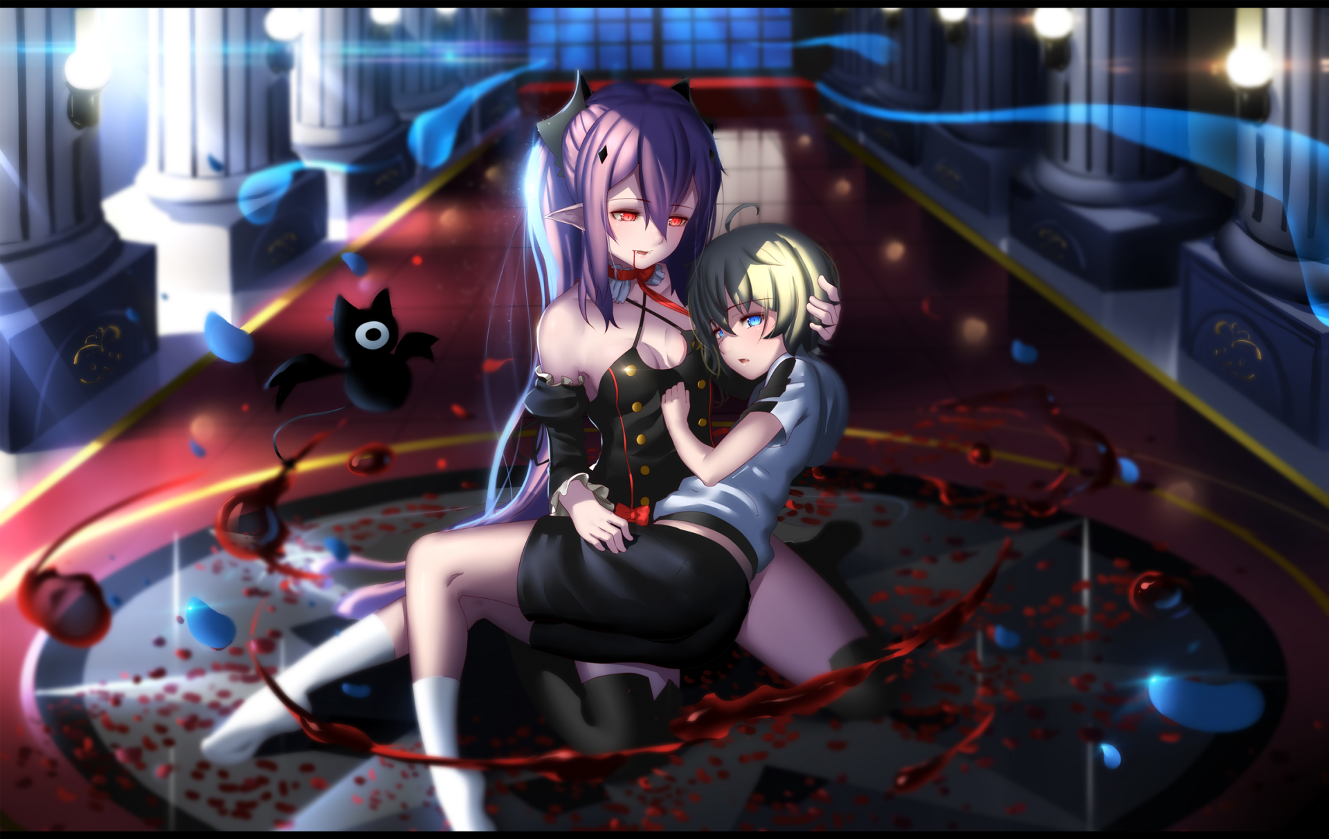 Mikaela Hyakuya and Krul Tepes from the anime Seraph of the End are depicted in a dramatic and vibrant HD wallpaper, showcasing their intense connection amidst an atmospheric setting.