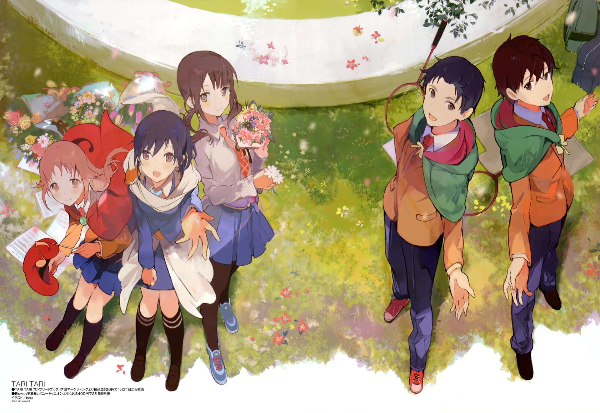 A vibrant 4K Ultra HD anime wallpaper featuring Konatsu Miyamoto, Sakai Wakana, Sawa Okita, Tanaka Taichi, and Maeda Atsuhiro from Tari Tari, standing outdoors in a bright setting.