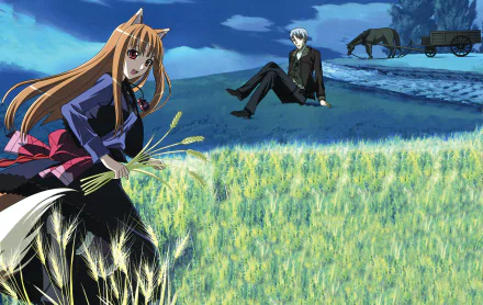Anime HD desktop wallpaper featuring Kraft Lawrence and Holo from Spice and Wolf in a serene wheat field under a twilight sky.