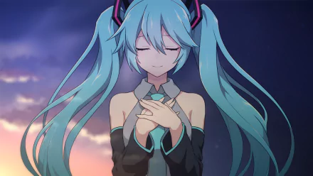 HD anime desktop wallpaper featuring Vocaloid character Hatsune Miku with closed eyes and long turquoise twin tails against a twilight sky background.