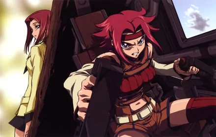 A vibrant HD desktop wallpaper featuring Kallen Kōzuki from Code Geass, showcasing her dynamic character in an action-packed pose alongside a contemplative companion.