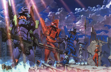 HD wallpaper of Neon Genesis Evangelion featuring Shinji Ikari, Asuka Langley Sohryu, Rei Ayanami, and Evangelion Units-00, 01, and 02 amidst a cityscape under a dramatic sky.