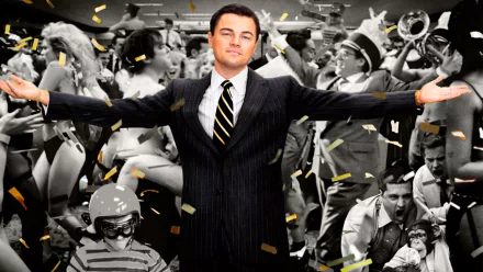 HD PC desktop wallpaper featuring Leonardo DiCaprio as Jordan Belfort in the movie The Wolf of Wall Street, surrounded by a lively, celebratory crowd.