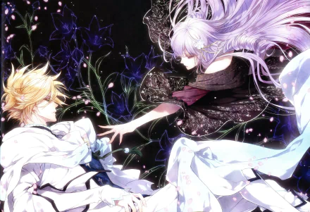 Anime, Reine des Fleurs — two ethereal figures: a lilac-haired woman reaching toward a golden-haired youth amid glowing purple flowers on a dark backdrop; 5K Ultra HD PC desktop wallpaper/background.