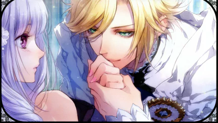 Anime Reine des Fleurs 5K Ultra HD PC wallpaper: blond prince gently kisses a silver-haired maiden's hand in an ornate, pastel-blue romantic close-up.