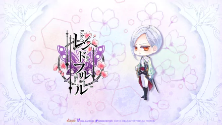 Anime Reine des Fleurs HD PC desktop wallpaper — chibi silver-haired character in a floral kimono beside an ornate butterfly-and-flower emblem on a soft pastel floral background.