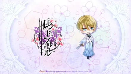 Anime HD PC desktop wallpaper featuring a chibi Reine des Fleurs: blond-haired in a blue-white outfit holding a pistol, pastel floral background with stylized logo.