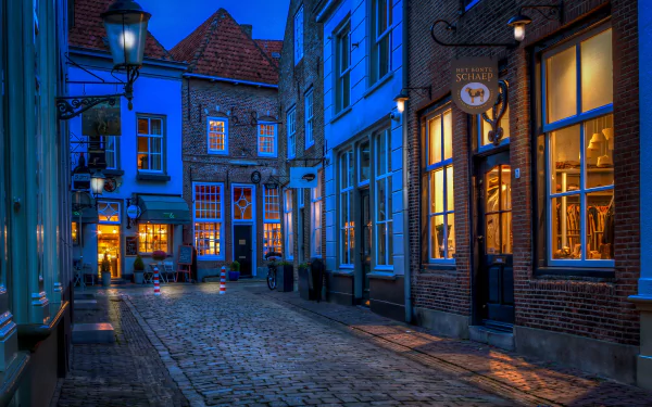 A charming cobblestone street in the Netherlands features beautifully illuminated buildings and storefronts, creating an inviting atmosphere in the evening twilight.