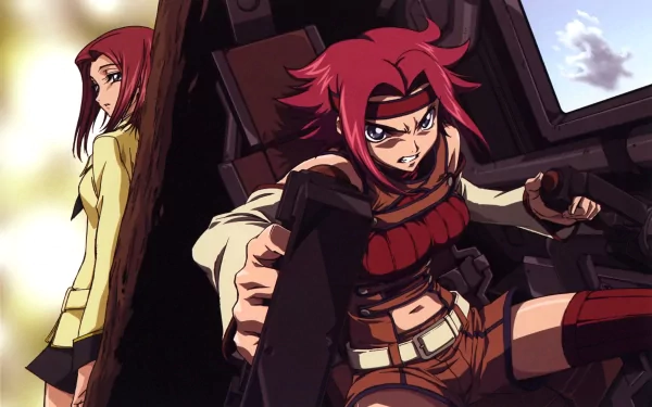 A vibrant HD desktop wallpaper featuring Kallen Kōzuki from Code Geass, showcasing her dynamic character in an action-packed pose alongside a contemplative companion.