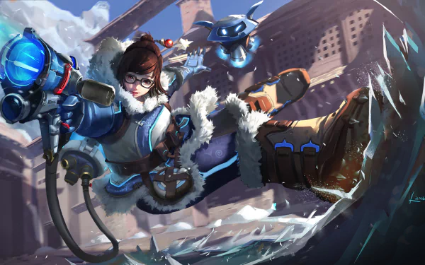 Mei from Overwatch is depicted in this HD desktop wallpaper, showcasing her ice-themed abilities alongside a robotic companion in a dynamic action pose.