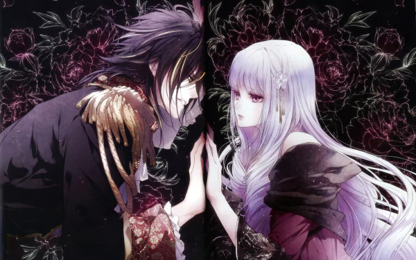 Anime-style 4K Ultra HD wallpaper featuring two characters, Reine des Fleurs, facing each other against a dark floral background.