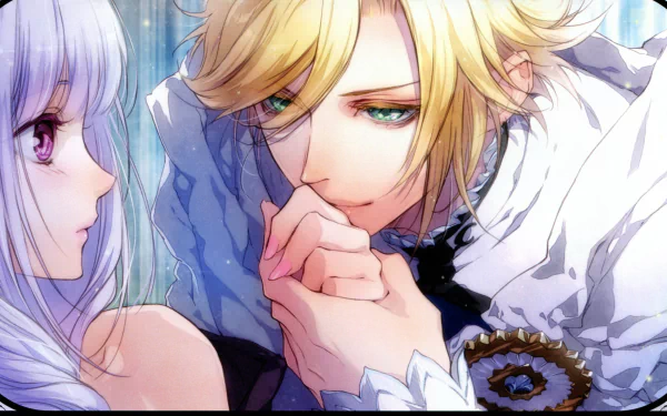Anime Reine des Fleurs 5K Ultra HD PC wallpaper: blond prince gently kisses a silver-haired maiden's hand in an ornate, pastel-blue romantic close-up.