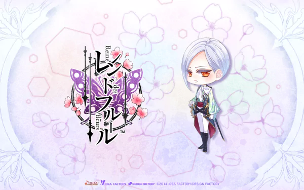 Anime Reine des Fleurs HD PC desktop wallpaper — chibi silver-haired character in a floral kimono beside an ornate butterfly-and-flower emblem on a soft pastel floral background.