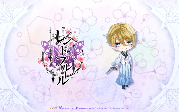 Anime HD PC desktop wallpaper featuring a chibi Reine des Fleurs: blond-haired in a blue-white outfit holding a pistol, pastel floral background with stylized logo.