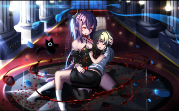 Mikaela Hyakuya and Krul Tepes from the anime Seraph of the End are depicted in a dramatic and vibrant HD wallpaper, showcasing their intense connection amidst an atmospheric setting.