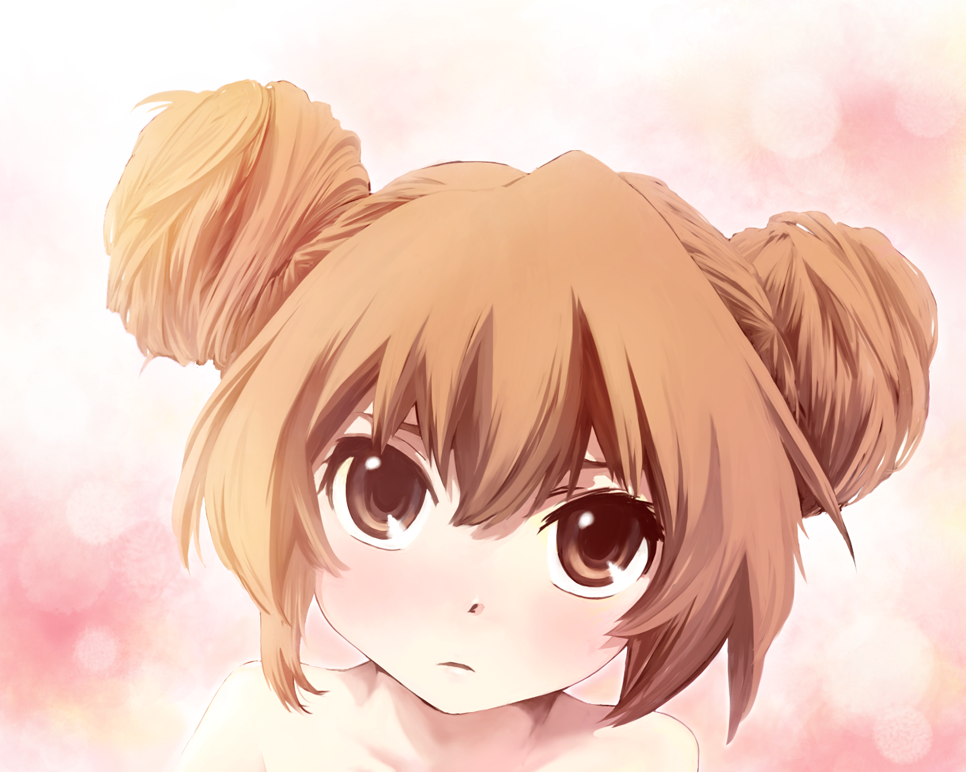 HD PC desktop wallpaper featuring Taiga Aisaka from the anime Toradora!, depicted with her signature twin buns and large expressive eyes against a soft pink background.