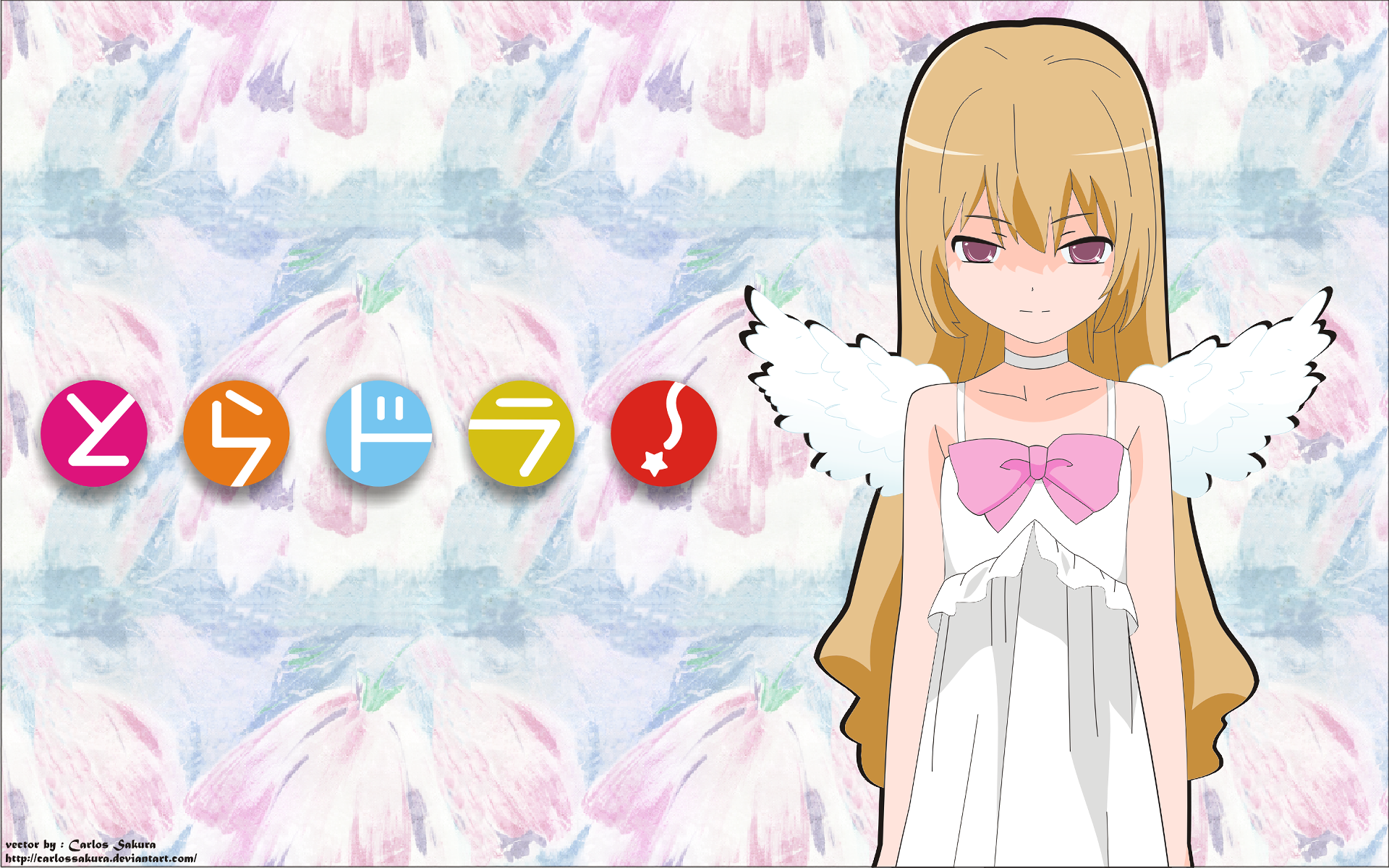 HD PC desktop wallpaper of Taiga Aisaka (Toradora!) as an angel: long blonde hair, white dress with pink bow, small wings against a pastel watercolor background with colorful Toradora! logo.