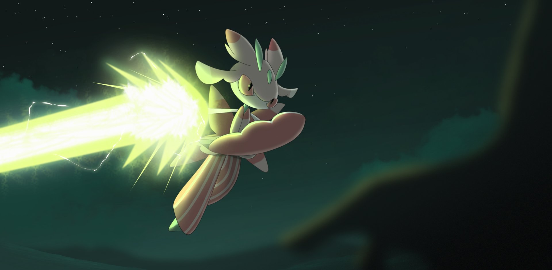 Lurantis (Pokémon Sun and Moon) slashes with a glowing blade across a night sky — 2K Quad HD PC desktop wallpaper/background, Pokémon video game art.