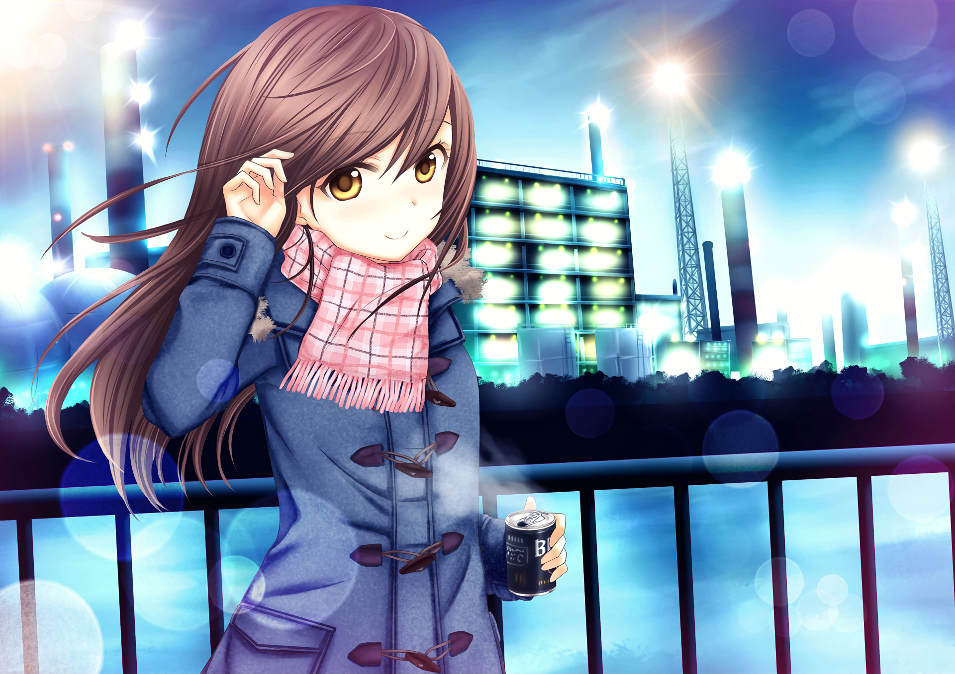 Anime girl in a winter cityscape, wearing a blue coat and pink scarf, holding a drink. The background features glowing buildings and a cool, atmospheric vibe. HD desktop wallpaper.